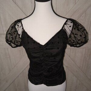 AMBIANCE-NWT Black Sheer Lace Polka Dot Puff Sleeve Elegant Mesh Crop Top-Size-M